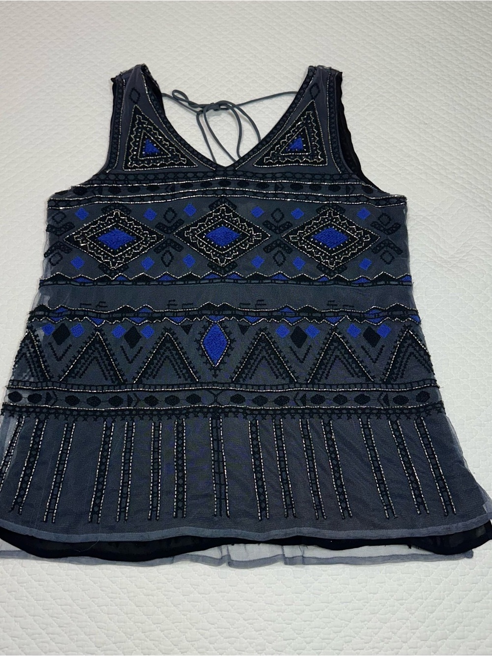 Lucky Brand Charcoal Gray Embellished Tank with Blue Accents